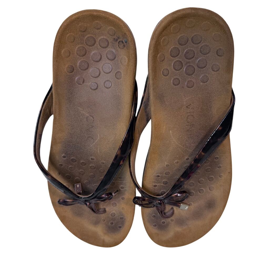 Vionic Bella II Tortoise Patent Bow Orthotic Flip Flop Sandal Women's 10 Wide